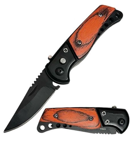 3.25" Black Metal Wood Handle Push Button Mini Automatic Pocket Knife