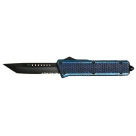 5.75" Closed Blue Automatic OTF Switch Blade Tanto Serrated Knife