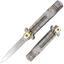 7" White Pearl Leverlock Automatic Knife Brass Satin Bayo