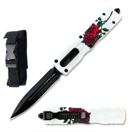 7" White Red Rose Automatic Dual Action Out The Front Knife