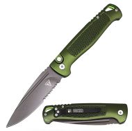 8.5" Open CNC Machine Army Green Automatic Knife Drop Point Black Serrated Blade