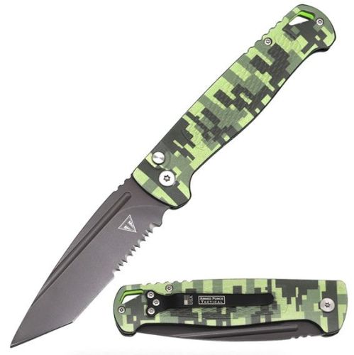 8.5" Overall CNC Machine Camoflage Automatic Knife Tanto Point Black Serrated Blade