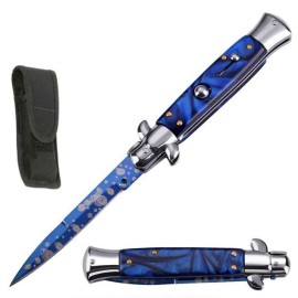 8.75" Italian Stiletto Automatic Knife Blue Pearl Handle