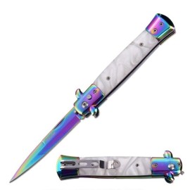 9" Classic Italian Stiletto Switch Blade Pocket Knife Titanium White Pearl