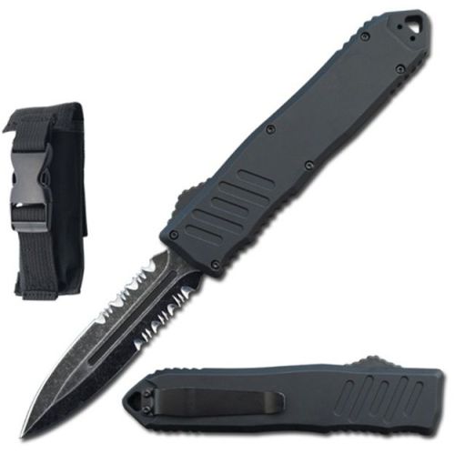 9" Havoc Black OTF Dual Action Automatic Knife Stonewash Dagger Serrated