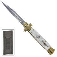 Cross Stiletto White Pearl Automatic Knife Brass Bayo