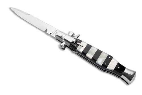 A.G.A. Campolin Black Widow Zebra Buffalo Horn Mother of Pearl Italian Stiletto Automatic Knife