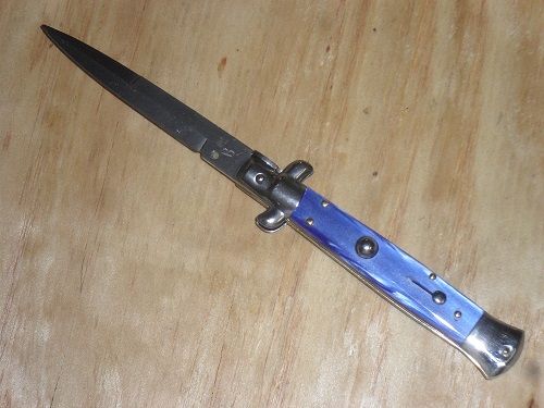SKM/AB 9 Inch Italian Stiletto Blue Pearl Bayo Automatic Knife