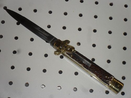 AKC 9" Leverletto Stag Horn Automatic Knife Brass Bolsters