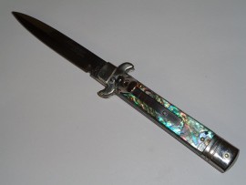 AKC Leverletto Italian Lever Lock Abalone Automatic Knife Satin Bayo