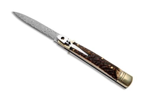AKC-WORLD Stag Horn Slim Lever Lock Automatic Knife Damascus Swedge Blade