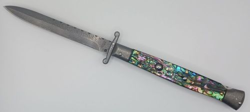 AKC World 11" Abalone File Work Damascus Italian Swinguard Automatic Knife