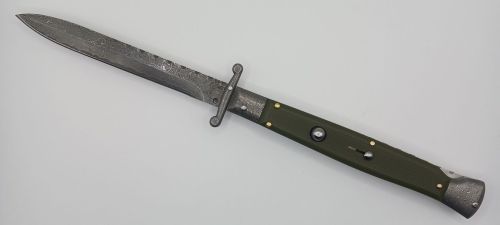 AKC World 11" OD Green G10 File Work Damascus Italian Swinguard Automatic Knife