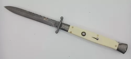 AKC World Italian 11" Imitation Ivory File Work Damascus Automatic Swinguard Knife