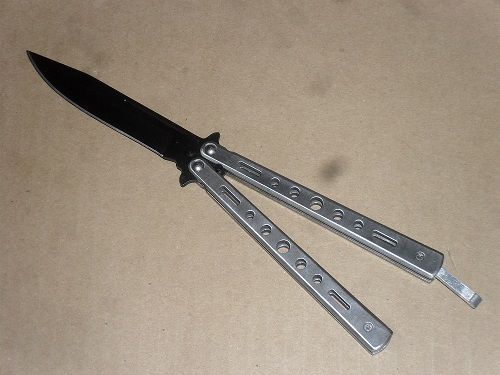 Balisong 9 Inch Heavy Silver Black Folding Butterfly Knife