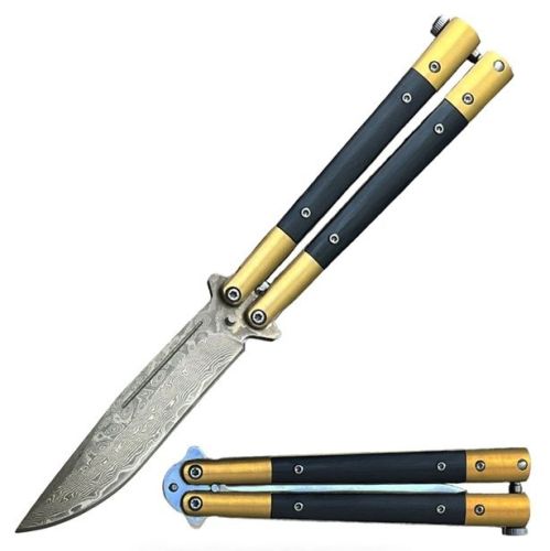 Great Value Black Wood Butterfly Knife Clip Point Damascus Plain