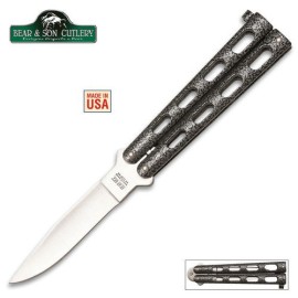 Bear & Son Cutlery Model 113 Butterfly Knife 4" Silver Vein Steel Handle