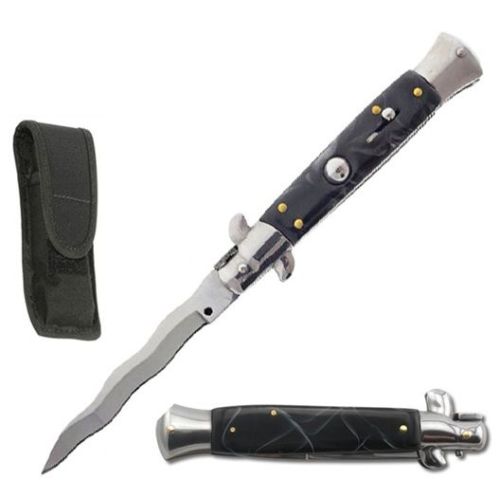 9" Black Pearl Milano Stiletto Automatic Knife Satin Kris