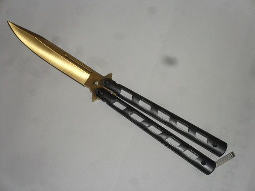 9" Black Handle Heavy Duty Butterfly Knife Gold Drop Point Blade