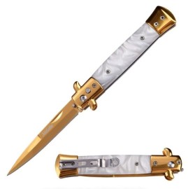 Classic Golden Stiletto Automatic Switch Blade Knife White Pearl Handle