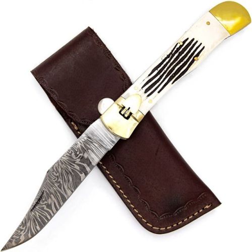 County Line Hand Crafted Damascus Steel Automatic Lever Lock Pocket Knife