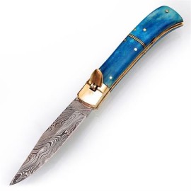 Damascus Automatic Lever Lock Knife Blue Bone