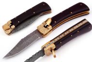 Damascus Brown Bone Leverlock Automatic Knife Brass