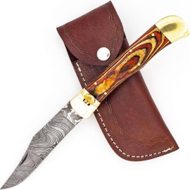 Damascus Burning Wood Leverlock Automatic Knife Clip Point