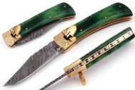 Damascus Green Bone Leverlock Automatic Knife Brass