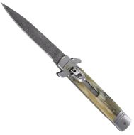 Damascus Leverlock Stiletto Rock Marble Automatic Knife