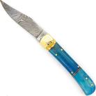 Damascus Ocean Blue Leverlock Automatic Knife Clip Point