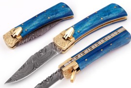 Damascus Ocean Bone Leverlock Automatic Knife Brass