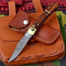 Damascus Pakka Wood Leverlock Automatic Knife Clip Point