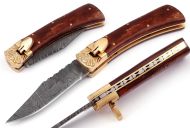 Damascus Wood Bone Leverlock Automatic Knife