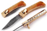 Damascus Burnt Bone Leverlock Automatic Knife