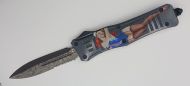 Delta Force Pin Up Girl D/A OTF Automatic Knife Damascus Dagger Serrated