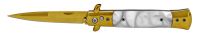 Fancy White Pearl Stiletto Automatic Knife Gold Bayo