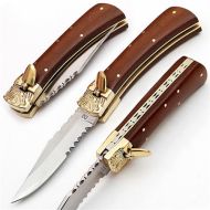 8.25" File Work Brown Wood Serrated Leverlock Automatic Knife