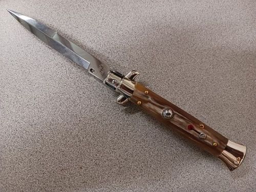 Frank B 9" Italian Stiletto Automatic Knife Red Dot Blonde Horn Bayo