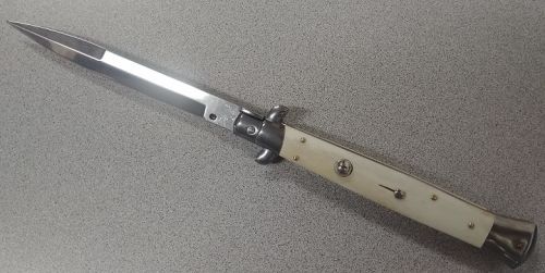 Frank Beltrame 11" White Bone Stiletto Automatic Knife Satin Bayonet