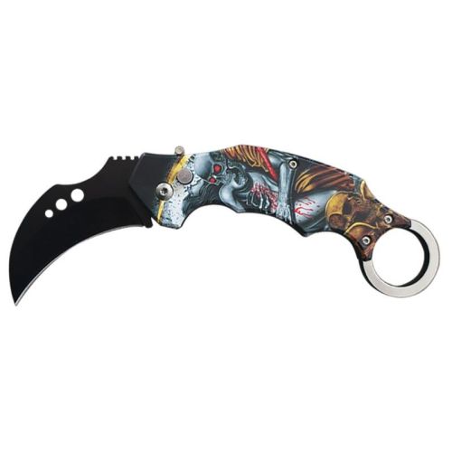 5" Closed Skeleton Switch Blade Karambit Knife Finger Ring Robot Love