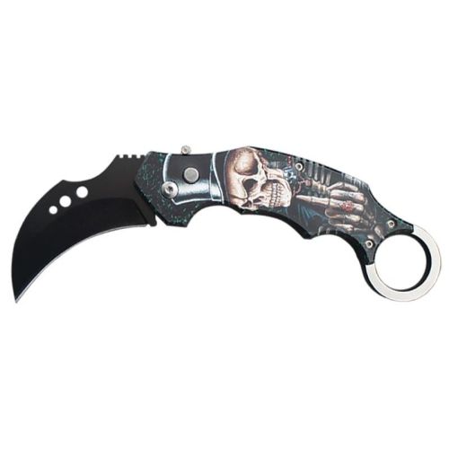 5" Closed Skeleton Switch Blade Karambit Knife Finger Ring Top Hat Skull