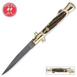 Kissing Crane Burnt Bone Folding Stiletto Knife Damascus