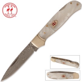 Kissing Crane Imitation Pearl Damascus Lockback Folding Pocket Knife