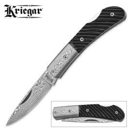 Kriegar Damascus Steel Ox Horn Folding Pocket Knife