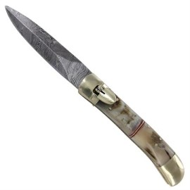 Lever Lock Stag Horn Automatic Knife Damascus Dagger