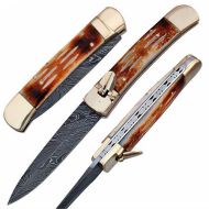 Lever Lock Stag Bone Automatic Knife Damascus Dagger