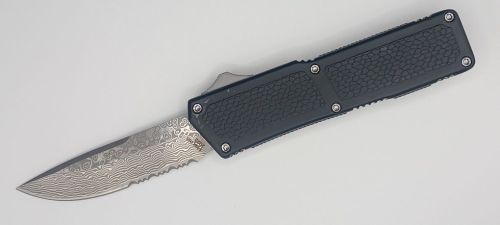 Lightning Supreme Black D/A OTF Automatic Knife Damascus Drop Point Serrated