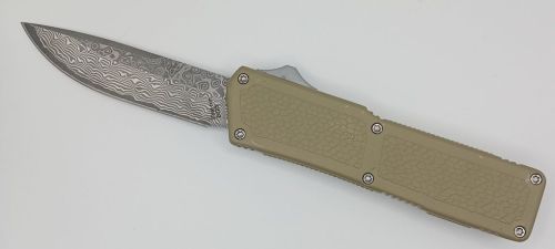 Lightning Supreme Tan D/A OTF Automatic Knife Drop Point Damascus Plain
