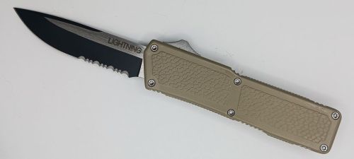 Lightning Supreme Tan D/A OTF Automatic Knife Drop Point Two Tone Serrated